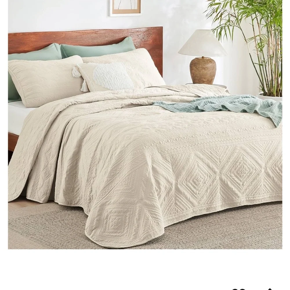 Boho Quilt Queen Size Beige, Modern Geometric Stitched Quilted Bedding Sets